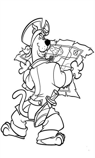 kolorowanka Scooby Doo pirat z mapą, malowanka do wydruku z bajki dla dzieci, do pokolorowania kredkami, obrazek nr 18